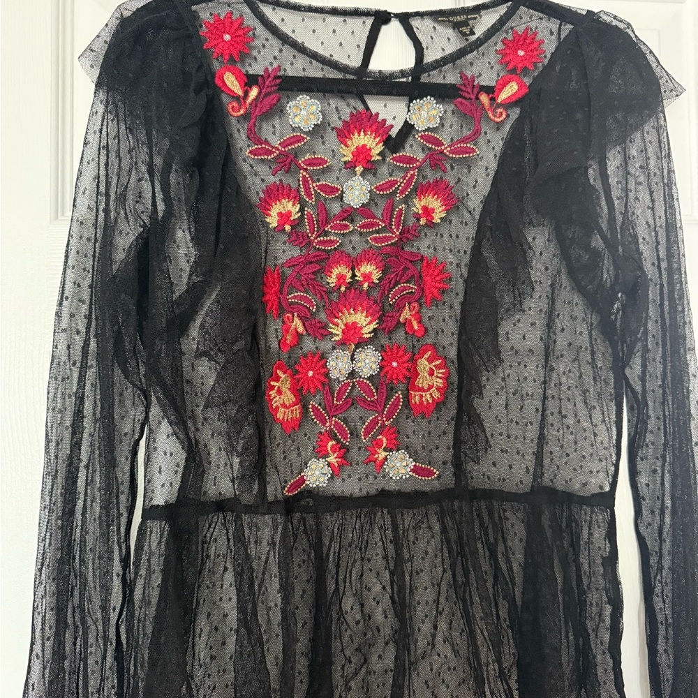 Guess Black Sheer top with Red Floral Embroidery